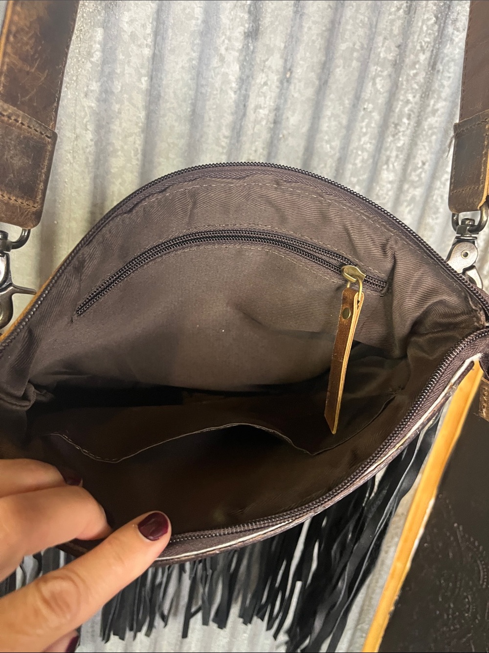 American Darling Black Fringe Cowhide Crossbody with Tooled Leather Accent - Picture 5 of 5